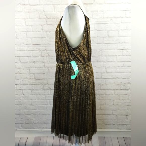 O Candalite Petite Women's Gold Black Pleated Sleeveless Midi Knee Dress NWT PXL - Picture 2 of 14